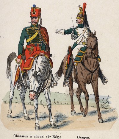 Imperial Guard Napoleon I: Horseback Hunter (2:a regementet) och drake. Tallrik från boken Les Uniforms de l