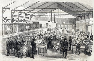 Imponera Eugenie och Imperial Prince besöker Banque de France, 23 juni 1866 - tryckning av sedlar - gravyr i Le MONDE Illustrous DU 07/07/1866 av French School