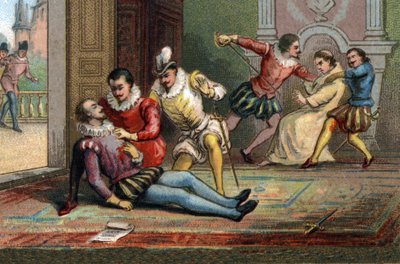 År 1589 mördade munken Jacques Clement kung Henrik III med ett hugg efter att ha fått honom att läsa ett brev. Kungen dog i armarna på Henrik av Navarra. Kromolitografi omkring 1890. av French School