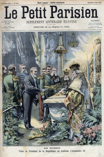 I Ryssland: besök av president Emile Loubet (1838-1929) i graven av Alexander III (1845-1894), Rysslands kejsare, i "Le petit Parisien"" av French School