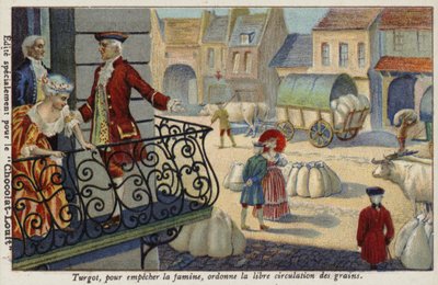 För att förhindra svält beordrar Anne-Robert-Jacques Turgot gratis utdelning av spannmål, Frankrike, c1770 av French School