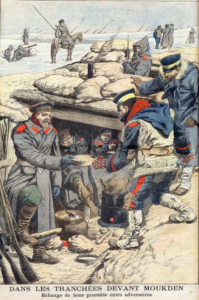 I skyttegravarna före Mukden, rysk-japanska kriget. Japanska och ryska trupper utbyter mat och dryck. I skyttegraven framför Mukden. Utbyte bra process mellan motståndare. Illustration för Le petit Journal, 22 januari 1905. av French School