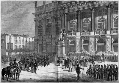 Invigning av det sardiska monumentet av Vincenzo Vela (1820-1891), på Chateau Square i Turin (Italien) den 10 april 1859. Bakom statyn finns "Palazzo Madama". Baserat på Mr. Ferrys skisser. Gravyr i "" Le Monde Illustré"" nr 106 av 23 april 18 av French School
