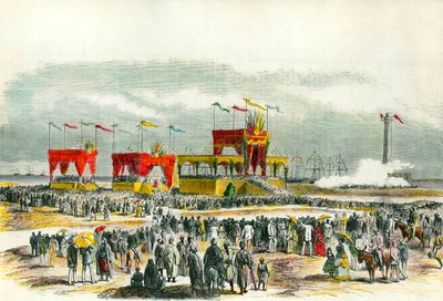 Invigning av Suezkanalen i Egypten 1869: "Te deum" sjunger i Port Said. Kanalen skapades för att förbinda Röda havet med Medelhavet. av French School