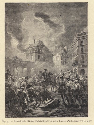 Brand på Operan, Palais-Royal, 1781 (gravyr) av French School