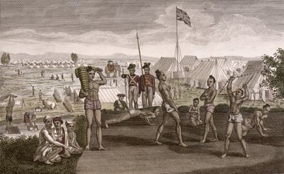 Indiska krigare tränar med utsikt över lägret för engelska invånare, ca 1810 av French School