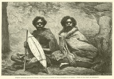 australiensiska infödda (provinsen Victoria); en av dem bär en sköld gjord av eukalyptus eller banksia bark (gravyr) av French School