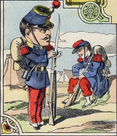 Infanterilinjen. Gravyr i "Comic Military Alphabet". Femte serien. Epinal avbildning. Pellerin och Cie, Printers, Epinal, sent 1800-tal. 16 sidor. Mått: 25x18,5cm av French School