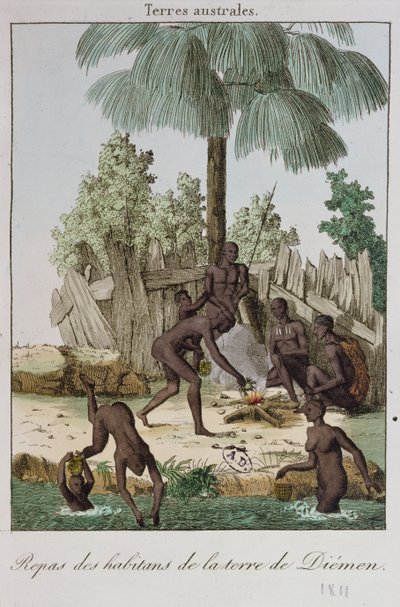 Invånare i Diemen förbereder en måltid, 1811 av French School