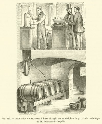 Installation av en ölpump laddad med en behållare med kolsyra av M Hermann-Lachapelle (gravyr) av French School
