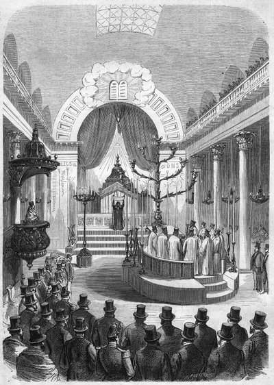 Installation av överrabbinen för värnplikten i Bordeaux, i stadens synagoga 1864. Gravyr från Mr. Duffets skiss. av French School