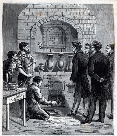 Installation av pyrometern av Alexandre Brongniart (1770 -1847) fransk vetenskapsman vid tillverkningen av Sevres - Gravyr i "Sciences mise à la gratete de tous - physics et chimie populaire"" av Alexis Clerc - Slutet av 1800-talet. Privat samling. av French School