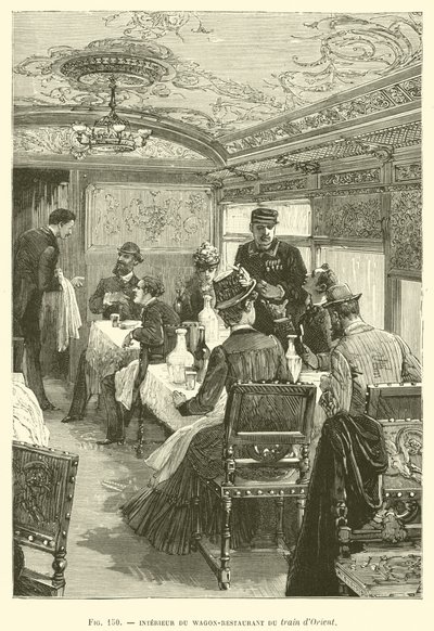 Interiör av Wagon-Restaurant of the Orient-tåget (gravyr) av French School