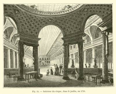 Cirkusens interiör, i trädgården, 1791 av French School