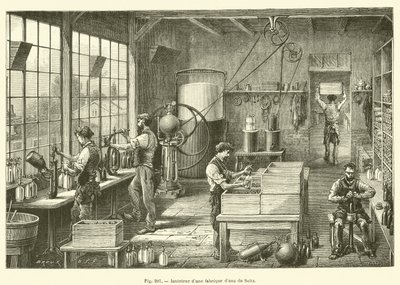 Interiör av en seltzervattenfabrik (gravyr) av French School