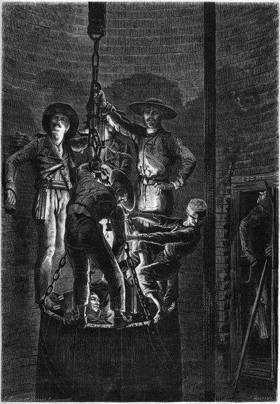 Interiört utseende av en kolgruva brunn: uppstigning av soptunnan. 1861. Gravyr i "" Le Monde Illustré"" nr 238 den 2 november av French School