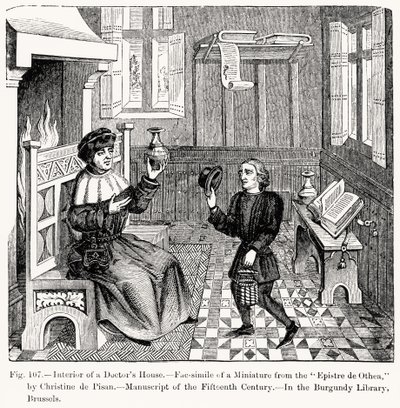 Interiör av ett doktorshus, från Epistre dOthea av Christine de Pisan, illustration från vetenskap och litteratur under medeltiden och renässansen, skriven och graverad av Paul Lacroix, 1878 (gravi av French School