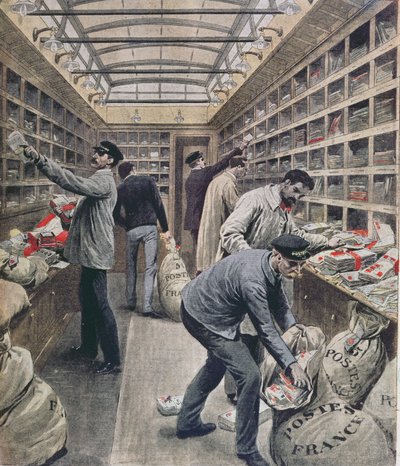 Interiör av en fransk järnvägspostvagn vid tiden för den franska poststrejken 1909, illustration från Le Petit Journal, 28 mars 1909 av French School