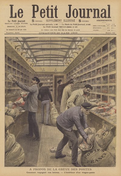 Interiör av en postbil på ett franskt tåg (färg litho) av French School