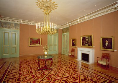 Interiör i en salong med intarsiagolv, 1700-1800-tal av French School