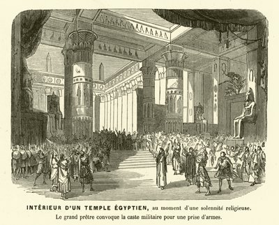 Interiör av ett forntida egyptiskt tempel under en gudstjänst (gravyr) av French School