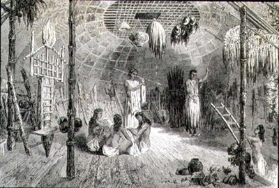Interiör av en indisk hydda på 1860-talet (gravyr) av French School