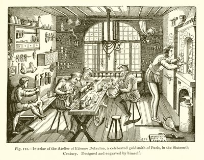 Interiör av Atelier of Etienne Delaulne, en hyllad guldsmed i Paris, på 1500-talet av French School