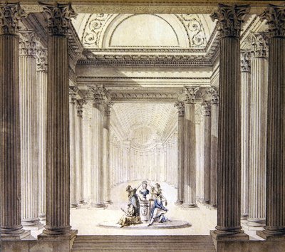 Interiör av dygdens tempel, ca 1770 (penna och bläck med akvarell på papper) av French School