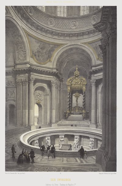Interiör av Napoleon I:s kupol och grav, Les Invalides, Paris (färg litho) av French School