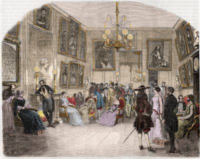 Interiörvy av greenroom (Comedie Francaise i Paris) - Interiörvy av konstnärernas foajé - Comedie Francaise - Gravyr i "Tableau-de-Paris"" av Edmond Texier 1852 av French School