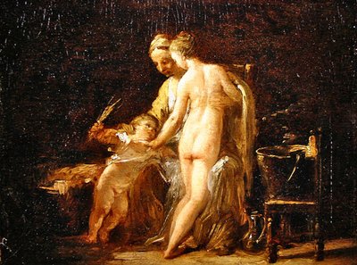 Interiör med en dam vid hennes bad, ca 1800 (olja på panel( av French School
