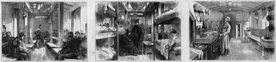 Invändig vy av ambulansvagnen och köksvagnen av ett medicinskt tåg från det franska Societe de secours aux weses militaires. Gravyr i "" Le Monde Illustré"" nr 846 av 28 juni 1873. av French School