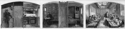 Invändig bild av läkarvagnen och matsalsvagnen på ett läkartåg från det franska Societe de secours aux weses militaires. Gravyr i "" Le Monde Illustré"" nr 846 av 28 juni 1873. av French School