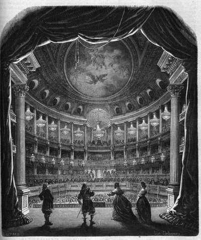 Intern vy av teatern i slottet i Versailles. Gravyr från 1867-1868. av French School