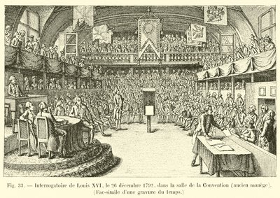 Förhör av Ludvig XVI, 26 december 1792, i Salle de la Convention, före detta ridskola, faksimil av en gravyr från tiden av French School