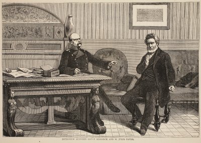Intervju mellan greve Bismarck och M. Jules Favre, september 1870, illustration från Cassells historia om kriget mellan Frankrike och Tyskland, 1870-1871 av French School