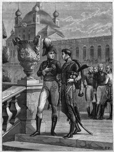 Intervju av Alexander I av Ryssland (1777-1825) och Michel Duroc (1772-1813) i Sankt Petersburg i april 1801 - Gravyr från 1865 i "Histoire du Consulate et de la Empire" av Louis Adolphe Thiers - Samtal mellan kejsar Alexander I av Ryssland (1777- av French School