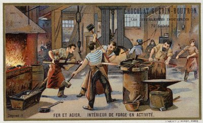 Järn och stål. Interiör av en upptagen smedja (chromolitho) av French School