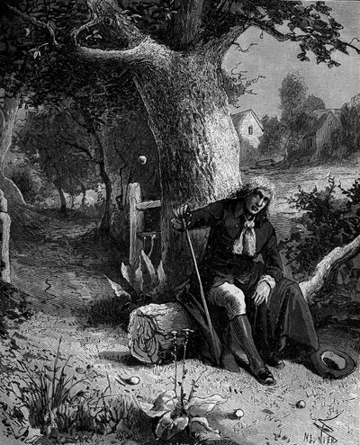 Isaac Newton (1642-1727), engelsk matematiker och astronom, upptäcker begreppet jordens gravitation genom att ett äpple faller från ett äppelträd i Woolsthorpe. av French School