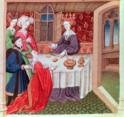 Isolde vädjar till drottning Guinevere om skydd, Roman du Chevalier Tristan av French School