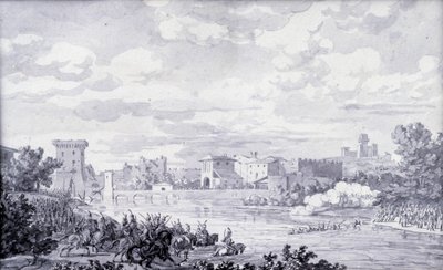 Italienska landsbygden: den franska armén passerade floden Mincio till Borghetto 1796. Anonym teckning. Paris, Louvren av French School