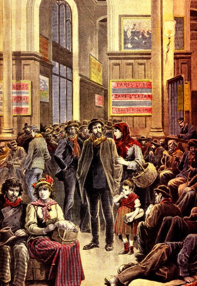 Italienska emigranter i Paris i järnvägsstationen Gare Saint Lazare i mars 1896 (gravyr) av French School