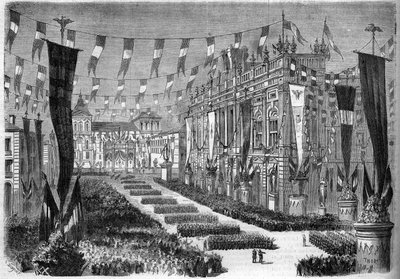 Italiens enande, Turin, 2 april 1860: utsmyckning av slottstorget (Piazza Castello) med anledning av öppnandet av det italienska parlamentet. Gravyr i "" Le Monde Illustré"" nr 157 av 14 april 1860. av French School
