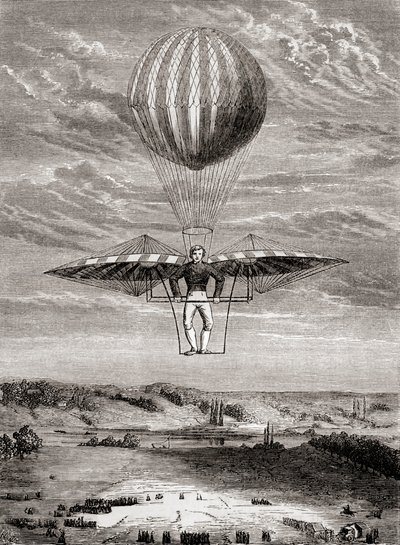 Jacob Degens ornitopter från 1808 med klaffventiler, där piloten stod på en stel ram och manövrerade vingarna med en rörlig horisontell stång, från "Les Merveilles de la Science", publicerad ca 1870 (litografi) av French School