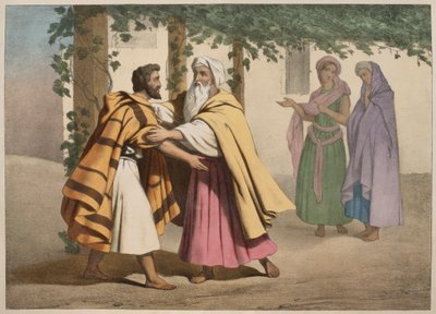 Jacob med Laban och hans döttrar, illustration från en katekes LHistoire Sainte, utgiven av Charles Delagrave, Paris, sent 1800-tal av French School