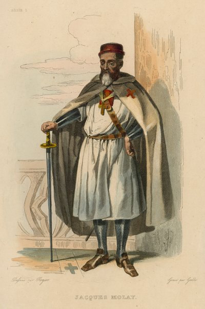 Jacques Molay (färgad gravyr) av French School