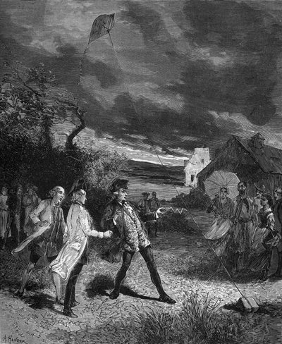 Jacques de Romas (1713-1776), fransk fysiker, experimenterade med en drake för att fånga atmosfärisk elektricitet 1752. av French School