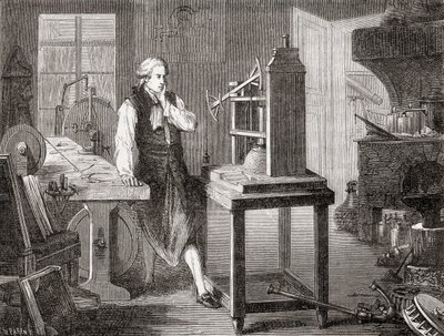 James Watt i sin verkstad i Glasgow förbättrade Thomas Newcomens 1712 Newcomen ångmaskin med sin Watt ångmaskin 1781, från Les Merveilles de la Science, pub.1870. av French School