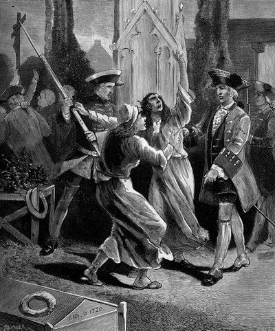 Jansenism: kramparna (jansenistiska fanatiker) jagar från kyrkogården Saint Medard under Ludvig XV. av French School