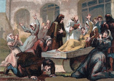 Jansenism: kramparna (jansenistiska fanatiker) på kyrkogården Saint Medard (Saint Medard) under Ludvig XV. kromolitografi omkring 1890. av French School